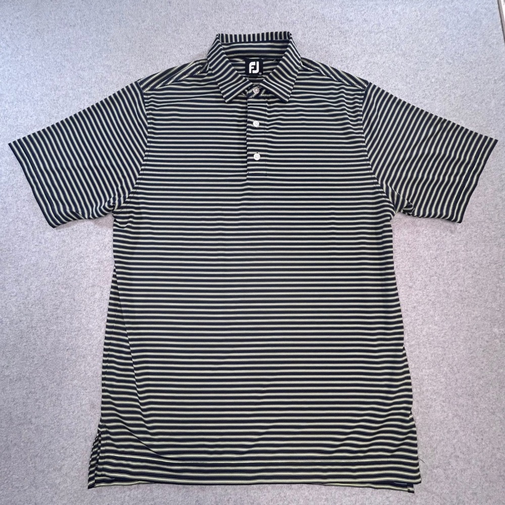 FootJoy‎ Polo Shirt Mens Medium Navy Blue Lime Green Excellent Striped ProDry